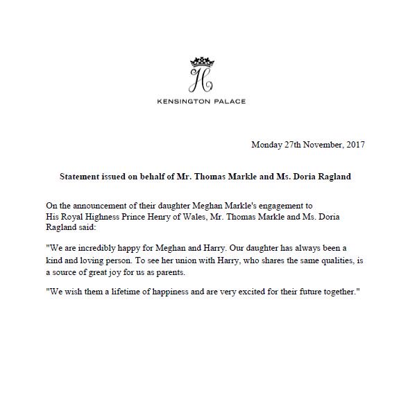 Thomas Markle and Doria Ragland statement Meghan Markle engagement