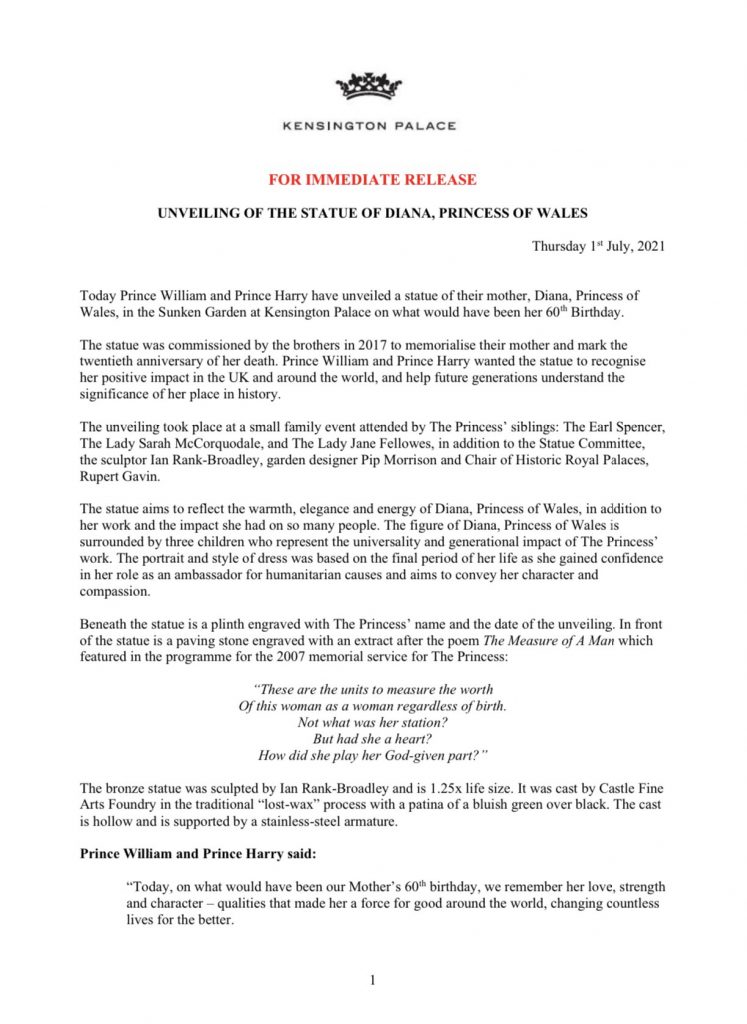 Princess Diana Statue unveiling statement