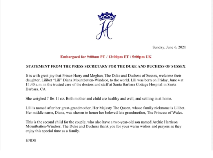 Prince Harry Meghan Lilibeth Birth statement